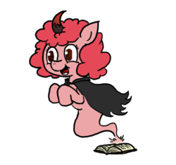 Size: 640x600 | Tagged: safe, artist:ficficponyfic, color edit, edit, oc, oc only, oc:pipadeaxkor, demon, demon pony, pony, colt quest, book, cape, clothes, color, colored, cute, evil, excited, fangs, female, fire, firebug, horn, illusion, mare, solo
