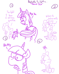Size: 1280x1611 | Tagged: safe, artist:adorkabletwilightandfriends, spike, twilight sparkle, alicorn, dragon, pony, comic:adorkable twilight and friends, g4, adorkable twilight, baby, butts, comic, female, humor, lineart, mare, slice of life, tail pull, the birds and the bees, the talk, twilight sparkle (alicorn), where do babies come from?