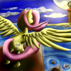 Size: 2880x2880 | Tagged: safe, artist:swiftriff, fluttershy, g4, cliff, female, high res, lighthouse, night, ocean, solo