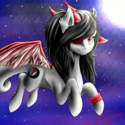 Size: 2880x2880 | Tagged: safe, artist:swiftriff, oc, oc only, oc:crimson bloodrose, dracony, hybrid, commission, eyepatch, flying, high res, night, solo