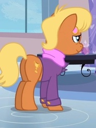 Size: 302x402 | Tagged: safe, screencap, ms. harshwhinny, earth pony, pony, g4, games ponies play, butt, clothes, cropped, female, mare, plot, solo, suit