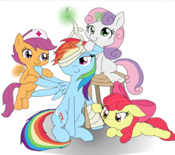 Size: 1536x1366 | Tagged: safe, artist:diamond--rose, apple bloom, rainbow dash, scootaloo, sweetie belle, g4, bandage, cute, cutie mark crusaders