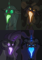 Size: 1447x2045 | Tagged: safe, artist:theobrobine, mane-iac, nightmare moon, nightmare rarity, queen chrysalis, alicorn, changeling, changeling queen, earth pony, pony, unicorn, g4, drool, glowing, glowing tongue, large tongue, long tongue, open mouth, tongue out