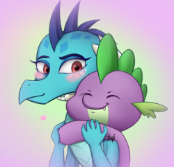 Size: 800x771 | Tagged: safe, artist:midnightpremiere, princess ember, spike, dragon, g4, blushing, cute, dragoness, emberbetes, eyes closed, fangs, female, gradient background, heart, hug, hug from behind, it's called a hug, male, purple background, ship:emberspike, shipping, signature, simple background, smiling, spikabetes, spikelove, straight, weapons-grade cute