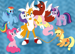 Size: 3020x2165 | Tagged: safe, artist:white-tigress-12158, applejack, fluttershy, pinkie pie, rainbow dash, rarity, twilight sparkle, alicorn, fox, kitsune, pony, g4, crossover, crossover shipping, fanfic, fanfic art, female, glowing horn, high res, horn, lasso, magic, male, mane six, mare, miles "tails" prower, rope, shipping, sonic the hedgehog (series), tail bite, twilight sparkle (alicorn)