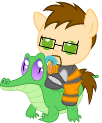 Size: 786x947 | Tagged: safe, artist:red4567, gummy, pony, g4, baby, baby pony, crossover, cute, glasses, gordon freeman, half-life, half-life 2, pacifier, ponies riding gators, ponified, riding
