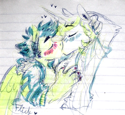 Size: 938x867 | Tagged: safe, artist:artflicker, flash sentry, prince blueblood, anthro, g4, bluesentry, blushing, crack shipping, duo, gay, heart, kiss on the lips, kissing, lined paper, male, shipping, traditional art