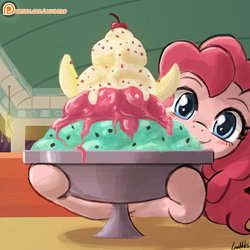 Size: 750x750 | Tagged: safe, artist:lumineko, pinkie pie, earth pony, pony, g4, the saddle row review, cute, diapinkes, female, food, holding, ice cream, imminent consumption, imminent stuffing, looking at you, mare, patreon, patreon logo, peeking, solo, sundae, sweet dreams fuel, this will end in diabetes, this will end in weight gain