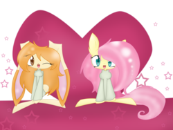 Size: 1600x1200 | Tagged: safe, artist:luckyclau, fluttershy, g4, chibi, cream the rabbit, crossover, simple background, sonic the hedgehog (series), transparent background