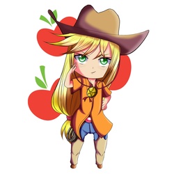 Size: 2000x2000 | Tagged: safe, artist:0ryomamikado0, applejack, human, g4, chaps, chibi, clothes, female, high res, humanized, jeans, pants, rope, shirt, solo