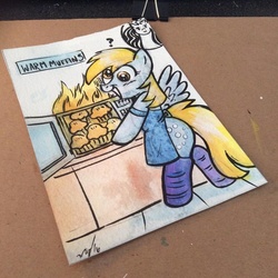 Size: 600x600 | Tagged: safe, artist:marybellamy, derpy hooves, pony, g4, apron, bipedal, clothes, female, fire, food, grin, microwave, muffin, socks, solo, traditional art, watercolor painting
