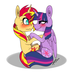 Size: 1024x1024 | Tagged: safe, artist:yupinapegasus, sunset shimmer, twilight sparkle, alicorn, pony, unicorn, g4, blushing, female, lesbian, mare, nuzzling, ship:sunsetsparkle, shipping, simple background, smirk, transparent background, twilight sparkle (alicorn), watermark, wavy mouth