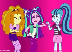 Size: 2338x1700 | Tagged: safe, artist:robukun, adagio dazzle, aria blaze, sonata dusk, equestria girls, g4, behind you, frown, grin, mocking, pointing, the dazzlings