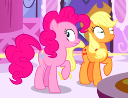 Size: 640x494 | Tagged: safe, screencap, applejack, pinkie pie, g4, the saddle row review, cropped, great moments in animation, looking back, not sure if, raised hoof