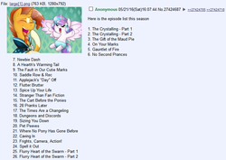 Size: 754x533 | Tagged: safe, princess flurry heart, sunburst, g4, season 6, /mlp/, 4chan, 4chan screencap, episode list, episode titles, fake, faker than a three dollar bill, seems legit, text