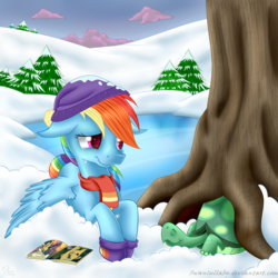 Size: 900x900 | Tagged: safe, artist:swanlullaby, daring do, rainbow dash, tank, g4, tanks for the memories, book, clothes, crying, hibernation, sad, scarf, snow, tree