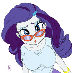 Size: 700x706 | Tagged: safe, artist:pia-sama, rarity, equestria girls, g4, :o, bracelet, breasts, busty rarity, collarbone, female, glasses, glasses rarity, jewelry, looking at you, rarity's glasses, solo