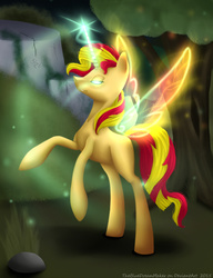 Size: 1000x1300 | Tagged: safe, artist:thebluedreammaker, sunset shimmer, pony, unicorn, g4, female, forest, glowing eyes, gossamer wings, magic, rearing, solo, wings