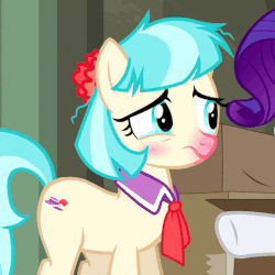 Size: 496x496 | Tagged: safe, screencap, coco pommel, rarity, earth pony, pony, g4, season 6, the saddle row review, animated, blinking, eyebrows, eyes closed, female, mare, messy mane, nose wrinkle, offscreen character, red nosed, sick, solo focus, standing, tail, teary eyes, underhoof