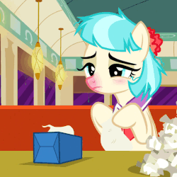 Size: 508x508 | Tagged: safe, screencap, coco pommel, earth pony, pony, g4, season 6, the saddle row review, animated, eyebrows, eyelashes, eyes closed, female, gif, hoof hold, lidded eyes, loop, mare, messy mane, nose blowing, red nosed, sick, solo, tissue, tissue box