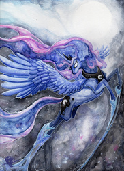 Size: 900x1238 | Tagged: safe, artist:lord-furfur, princess luna, g4, female, flying, glowing eyes, moon, solo, traditional art, watercolor painting