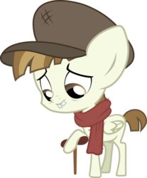 Size: 3107x3747 | Tagged: safe, artist:outlawquadrant, featherweight, a hearth's warming tail, g4, cane, clothes, hat, high res, looking at you, male, scarf, simple background, solo, tiny tim, transparent background, vector