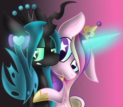 Size: 1280x1114 | Tagged: safe, artist:tailsdollterror, princess cadance, queen chrysalis, alicorn, changeling, changeling queen, pony, g4, crown, female, glowing horn, hairclip, horn, jewelry, regalia