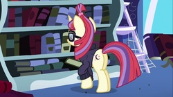 Size: 1100x618 | Tagged: safe, screencap, moondancer, pony, amending fences, g4, butt, female, library, mare, plot, solo