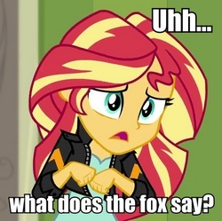 Size: 401x400 | Tagged: safe, sunset shimmer, equestria girls, g4, animal noises, image macro, meme, what does the fox say?
