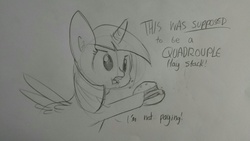 Size: 1280x720 | Tagged: safe, artist:tjpones, twilight sparkle, alicorn, pony, g4, black and white, burger, complaining, eating, female, food, grayscale, hay burger, lineart, mare, monochrome, pencil drawing, traditional art, twilight burgkle, twilight sparkle (alicorn)