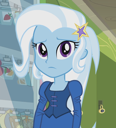 Size: 980x1080 | Tagged: safe, screencap, trixie, equestria girls, g4, clothes, dress, female, food, frown, looking at you, orange, sad, solo, strawberry, vending machine