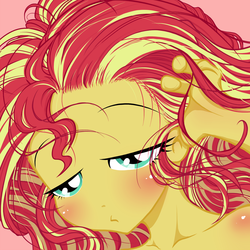 Size: 1050x1050 | Tagged: safe, artist:zat, sunset shimmer, equestria girls, g4, blushing, bust, female, portrait, shoulder blush, solo