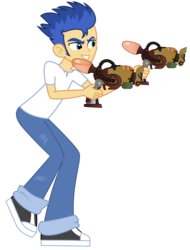 Size: 3800x5000 | Tagged: dead source, safe, artist:razethebeast, flash sentry, equestria girls, g4, absurd resolution, clothes, combuster, crossover, dual wield, flash puppet, male, pants, raised leg, ratchet and clank, shoes, simple background, solo, transparent background, vector