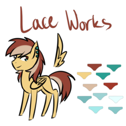 Size: 500x500 | Tagged: safe, artist:airidrawsstuff, oc, oc only, oc:lace works, pegasus, pony, femboy, male, piercing, reference sheet, simple background, solo, stallion, transparent background, trap
