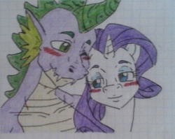 Size: 1023x813 | Tagged: safe, artist:tejedora, rarity, spike, g4, blushing, crayon drawing, cute, female, graph paper, lined paper, male, older, older spike, ship:sparity, shipping, straight, traditional art