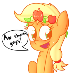 Size: 1924x1924 | Tagged: safe, artist:mr-degration, applejack, g4, chest fluff, crown, dialogue, female, open mouth, simple background, solo, speech bubble, transparent background