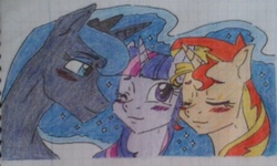 Size: 1361x815 | Tagged: safe, artist:tejedora, princess luna, sunset shimmer, twilight sparkle, alicorn, pony, unicorn, g4, blushing, crayon drawing, cute, female, graph paper, lesbian, lined paper, lunashimmer, lunashimmerlight, ot3, ship:sunsetsparkle, ship:twiluna, shipping, traditional art