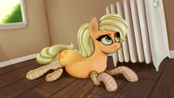 Size: 4000x2250 | Tagged: safe, artist:zapplebow, applejack, g4, clothes, female, hay, heater, realistic, socks, solo, stockings