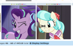 Size: 534x340 | Tagged: safe, coco pommel, starlight glimmer, derpibooru, g4, made in manehattan, my little pony: friendship is magic, no second prances, exploitable meme, juxtaposition, juxtaposition win, meme, meta, wink