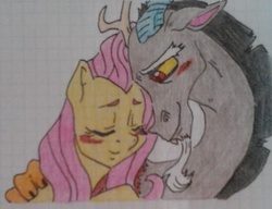 Size: 1151x883 | Tagged: safe, artist:tejedora, discord, fluttershy, g4, blushing, crayon drawing, cute, female, male, ship:discoshy, shipping, straight, traditional art