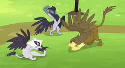 Size: 549x300 | Tagged: safe, screencap, gaston, giselle, irma, natalya, griffon, g4, rainbow falls, background griffon, griffon team, stretching, trio