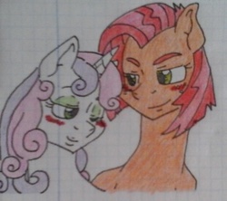 Size: 923x821 | Tagged: safe, artist:tejedora, babs seed, sweetie belle, g4, blushing, crayon drawing, cute, female, graph paper, lesbian, lined paper, long neck, older, ship:babsbelle, shipping, traditional art
