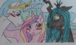 Size: 1371x807 | Tagged: safe, artist:tejedora, princess cadance, princess celestia, queen chrysalis, alicorn, changeling, changeling queen, pony, g4, blushing, celestiance, chryslestiance, crayon drawing, cute, cutealis, cutedance, cutelestia, female, graph paper, infidelity, lesbian, lined paper, looking at each other, ot3, ship:cadalis, ship:chryslestia, shipping, traditional art