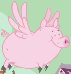 Size: 439x457 | Tagged: safe, screencap, flying pig, pig, g4, the return of harmony, cloven hooves, cropped, eyes closed, flying, green sky, smiling, solo, spread wings
