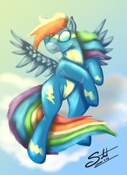 Size: 934x1280 | Tagged: safe, artist:silnat, rainbow dash, g4, clothes, female, flying, signature, solo, wonderbolts uniform