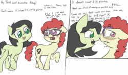 Size: 720x423 | Tagged: safe, artist:happy harvey, twist, oc, oc:anon, oc:filly anon, earth pony, pony, g4, bedroom eyes, bi-curious, blushing, boop, colored, comic, devious, dialogue, experiment, female, filly, foal, frown, glasses, hesitant, innocent, kissing, lesbian, nervous, no homo, noseboop, open mouth, phone drawing, practice, reverse foalcon, rule 63, trickery