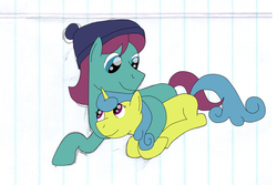 Size: 1024x683 | Tagged: safe, artist:allonsbro, autumn leaf, lemon hearts, a hearth's warming tail, g4, clothes, cuddling, female, intertwined tails, lemonleaf, lined paper, male, shipping, snuggling, straight