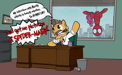 Size: 1440x892 | Tagged: safe, artist:dan232323, buried lede, pinkie pie, g4, the saddle row review, cigar, j. jonah jameson, male, speech bubble, spider-man, spider-mare