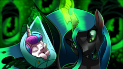 Size: 1000x563 | Tagged: safe, princess flurry heart, queen chrysalis, alicorn, changeling, changeling queen, pony, g4, baby, baby pony, bokeh, fangs, female, foal, glowing, magic, sharp teeth, sparkle