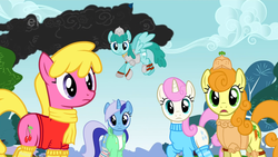 Size: 1920x1080 | Tagged: safe, edit, edited screencap, screencap, carrot top, cherry berry, golden harvest, minuette, spring melody, sprinkle medley, twinkleshine, earth pony, pegasus, pony, unicorn, dragonshy, g4, armor, clothes, clothes edit, comically undersized hat, hoodie, scarf, shirt, socks, sweater